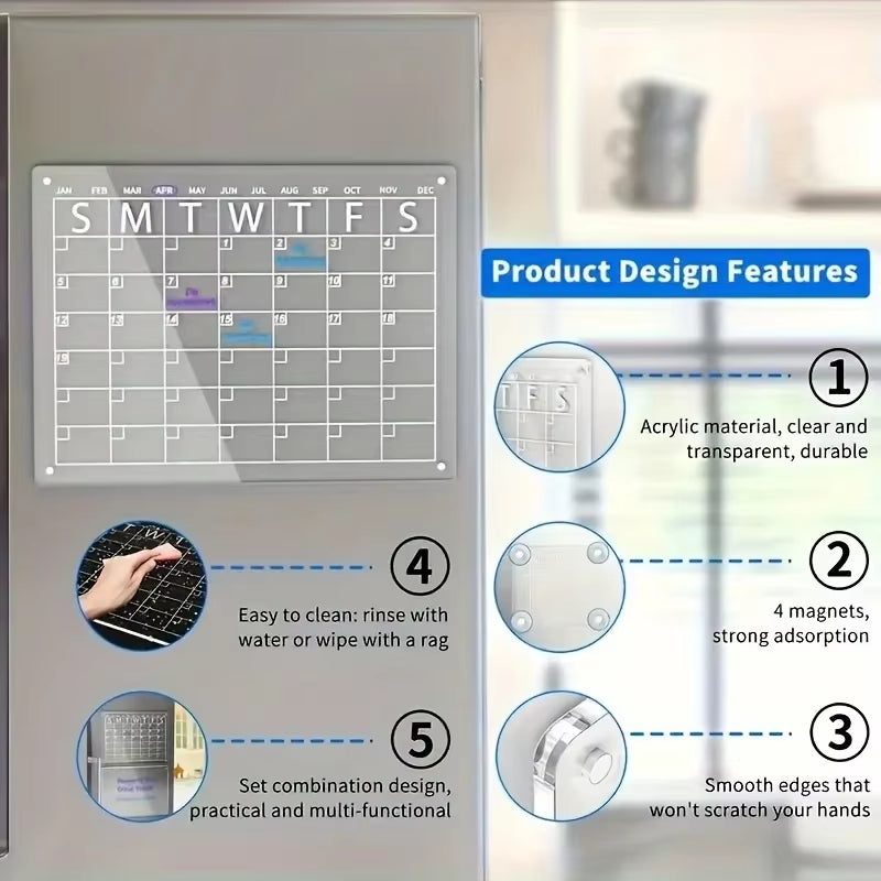 Magnetic Acrylic Dry Erase Calendar Set for Fridge - 2 Clear Boards for Easy Planning