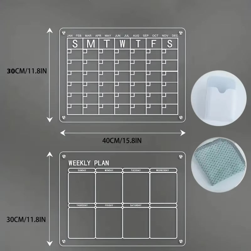 Magnetic Acrylic Dry Erase Calendar Set for Fridge - 2 Clear Boards for Easy Planning